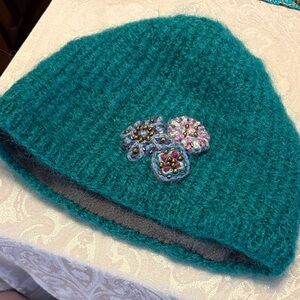 Sundance Teal Knit Hat with Floral Detail